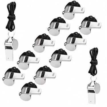 Imagem de YVYAVGE Pacote com 12 apitos de aço inoxidável com cordão – Apitos altos e premium para treinadores, professores, árbitros, polícia e profissionais