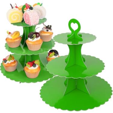 Imagem de Suporte de cupcake de 3 camadas, pacote com 2 unidades, suporte de bolo, torre, papel redondo, para exibição de bolo, para aniversário, batizado, suporte de confeitaria descartável para decoração de