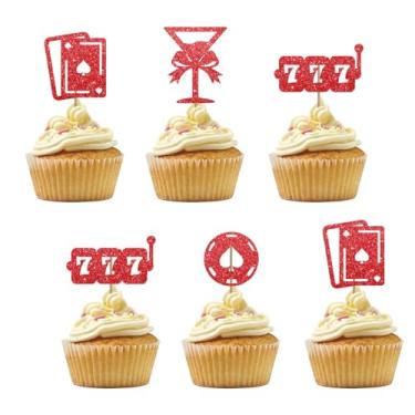 Imagem de Conjunto de 24 topos de cupcake Lucky In Love, topos de cupcake de despedida de solteira de Las Vegas, picaretas de cupcake noturnas de pôquer Margarita com glitter vermelho para suprimentos de festa