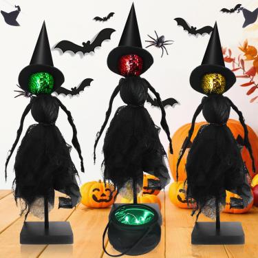 Imagem de 3 peças de decorações de bruxa em pé de Halloween, com pote de bruxa e peças centrais de fantasma de luz LED, para centros de mesa, prateleiras e cornijas, decorações de interiores rústicas de