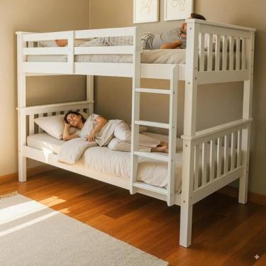 Imagem de Cama Beliche Solteiro De Madeira Maciça Com Proteção Lateral Branco - 