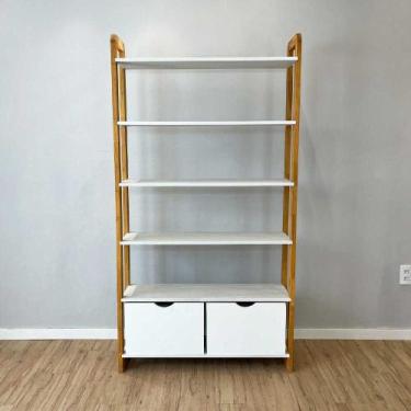 Imagem de Estante 6 Prateleiras de Madeira Pinus Linea Ample com 2 Gavetas Branc
