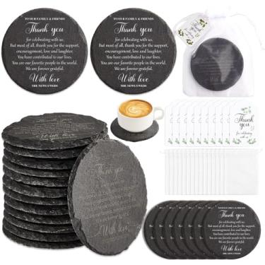 Imagem de 25 pacotes de lembrancinhas de casamento para convidados porta-copos de ardósia decoração de mesa de casamento em massa chá de panela presentes de festa porta-copos de pedra preta com etiquetas de