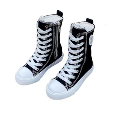 Imagem de Amtopiyo Tênis casual feminino chique de lona cano médio com cadarço e zíper lateral, Preto, 14