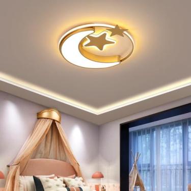 Imagem de Luminária de teto LED para quarto infantil, estrelas douradas, lua, lâmpada para quarto de bebê, iluminação regulável com controle remoto, luminária de teto infantil moderna, redonda, 45 cm,