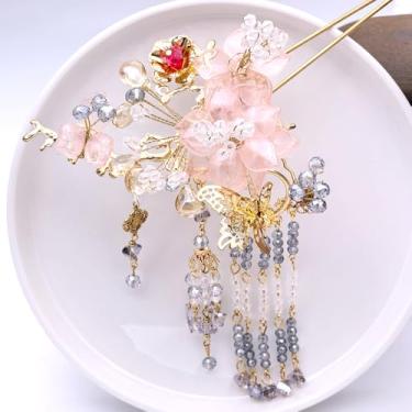 Imagem de 1 peça rabithenn elegante palito de cabelo de camélia, flor roxa e transparente com alfinete de cabelo de folhas verdes para mulheres, acessório de penteado de coque chinês updo presente (flor de