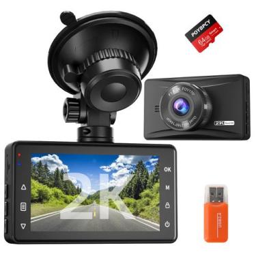 Imagem de Dash Cam POYBPCY 2K Quad HD 1440P com cartão SD de 64 GB para carros