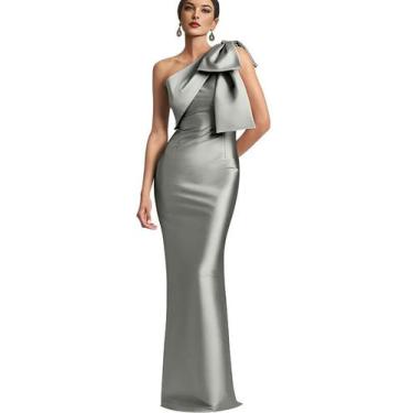 Imagem de Vestido de baile Mkojaa One Shoulder, cetim, cinza longo com laço, US2