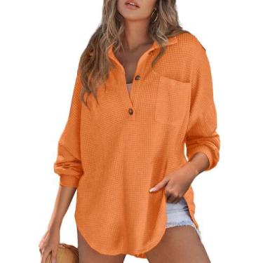 Imagem de Camisa feminina elegante Henley, manga comprida, decote em V, malha wa