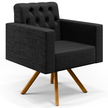 Imagem de Poltrona Decorativa Giratória Base de Madeira Manu L02 Capitonê Linho Chumbo - Lyam Decor