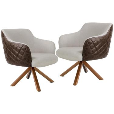 Imagem de Kit 02 Poltronas Base Giratória Madeira Jade D02 Linho Bege C-107 Tressê Corano Marrom - Lyam Decor