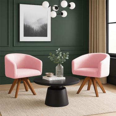 Imagem de Poltrona Sala Base Giratória Madeira Kit 2 Arielle Suede Rosa Bebe D03 - D'Rossi