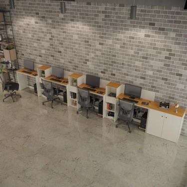 Imagem de Conjunto De Escritório Tech 3 Livreiro 1 Buffet E 4 Mesas 90 - Off White E Cedro Off White E Cedro