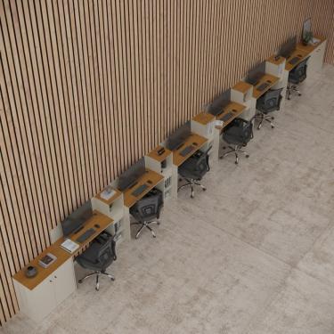 Imagem de Conjunto De Escritório Tech 5 Livreiro 2 Buffet E 6 Mesas 90 - Off White E Cedro Off White E Cedro
