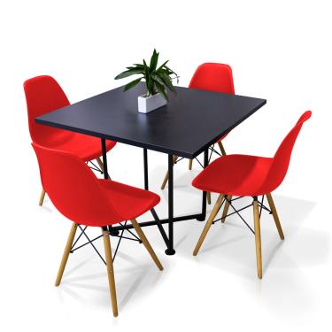 Imagem de Kit 04 Cadeiras Eiffel Vermelho e 01 Mesa de Jantar 04 Lugares Jade 90 cm Preto Base Metálica Industrial Preto - D'Rossi