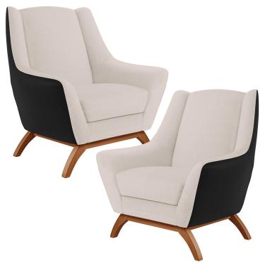 Imagem de Kit 02 Poltronas Decorativas Base Madeira Juliet D02 Corano Preto C-05 Linho Cru C-443 - Lyam Decor