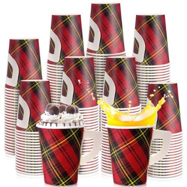 Imagem de Maxcheck 100 peças de copos de papel de Natal para beber búfalo xadrez descartáveis copos de chocolate quente com barra de alça acessórios para decoração de festa de Natal (255 g)
