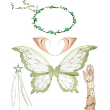 Imagem de RENEMEGO Conjunto de fantasia de asas de fada - 5 peças, coroa de flores, orelhas de elfo, asas de borboleta, braço de flor, varinha de elfo, fantasia de Halloween, Verde, Tamanho Único