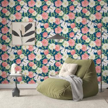 Imagem de CHIHUT Papel de parede floral autoadesivo removível de 45 x 254 cm para armários azul marinho impermeável papel de parede floral para banheiro revestimento de parede decorativo rolo de vinil