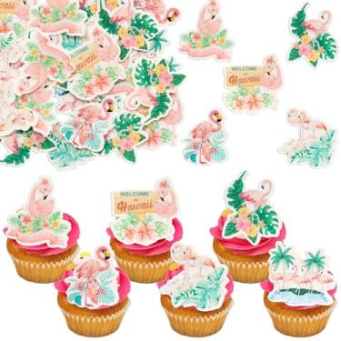 Imagem de Gyufise 54Pcs Edible Flamingo Cupcake Toppers Wafer Paper Cocktail Tropical Aloha Luau Cake Dessert Pick Summer Hawaiian Beach Cupcake Decorations for Birthday Wedding Party Supplies Pink