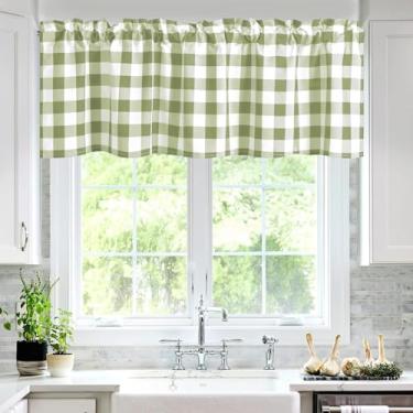 Imagem de Hiasan Cortinas xadrez búfalo sanefas para janelas – sanefa semitransparente verde sálvia e branca para sala de estar, casa de fazenda, quarto, 106 x 45 cm de comprimento, 1 painel