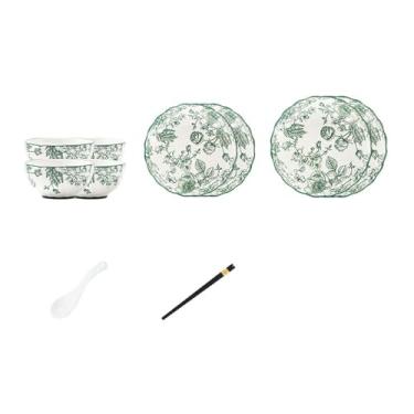 Imagem de Pratos de cerâmica verde rosa flor utensílios domésticos requintados individualizados - 16 peças para 4 pessoas [Lite]