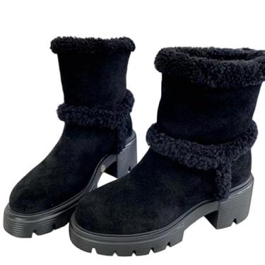 Imagem de Archicolor Botas femininas vintage fashion flocadas de salto quente Chelsea botas de lã de inverno botas de neve nórdicas botas femininas sapatos femininos, Preto, 36