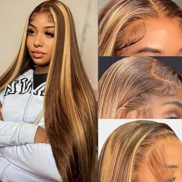 Imagem de Peruca frontal ombré de cabelo humano de 76 cm loiro mel frontal perucas de cabelo humano 13x6 HD transparente liso frontal perucas 180% densidade 4/27 cabelo humano colorido pré-arrancado com cabelo