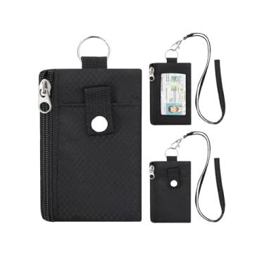 Imagem de Carteira minimalista com bloqueio de RFID com cordão, capa funcional para identidade com 2 bolsos com zíper e chaveiro para homens e mulheres, porta-cartões com crachá tático, porta-moedas para