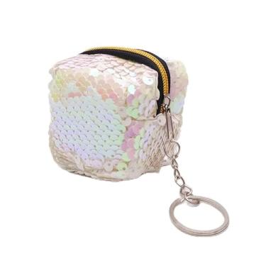 Imagem de Bolsa feminina de lantejoulas com chaveiro, minimochila brilhante, porta-chaves, bolsa quadrada para trocar 7,6 cm, Branco