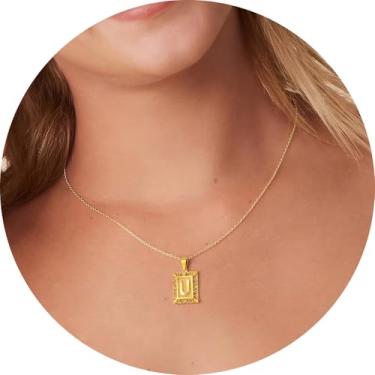 Imagem de Colar com letra inicial para mulheres, aço inoxidável banhado a ouro 18K, pingente retangular A–Z, corrente de 50,8 cm, 20in, Aço inoxidável, Sem Pedra Preciosa