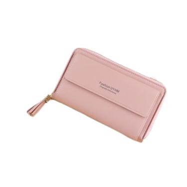 Imagem de Bolsa tiracolo feminina de poliuretano com borla e compartimentos para cartão, bolsa transversal pequena com zíper, carteira portátil para celular, cartões, chaves e celular (rosa)