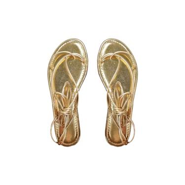 Imagem de GORGLITTER Sandálias femininas douradas metálicas com cadarços, tiras abertas e tiras, Dourado, 35