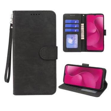 Imagem de YAJOJO Capa carteira T-Mobile Revvl 8 com porta-cartão, capa protetora retrô de couro PU premium para T-Mobile Revvl 8, com suporte, alça de pulso, fecho magnético, preta