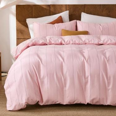 Imagem de Merryword Conjunto de capa de edredom listrado rosa tamanho Queen - Conjunto de cama 100% algodão com zíper largo e 8 laços nos cantos, conjunto de cama macio e respirável, capa de edredom pastel