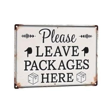 Imagem de Placa de metal rústica vintage 20 x 30 cm - Deixe pacotes aqui Aviso retrô, citação, decoração de parede de ferro durável para caverna masculina, garagem, pátio, bar e cozinha, placa de parede de bar
