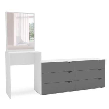 Imagem de Cômoda com Espelho Porto 6 Gavetas Branca e Cinza