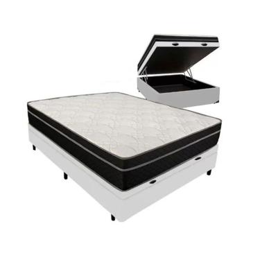 Imagem de Cama Box Baú Viúva 128 Tecido Sintético Branco Com Colchão Paris De Molas Ensacadas Preto 26x128x188