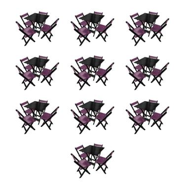 Imagem de Kit 10 Mesas De Madeira Dobrável Preto 70x70 Com 4 Cadeiras Dobráveis Roxo
