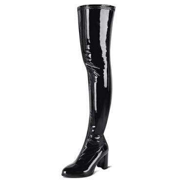 Imagem de girgod Botas de cano alto femininas sexy bico fino acima do joelho botas cosplay dança festa couro envernizado salto grosso GOGO botas de cano alto, Preto, 10.5