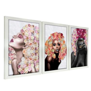 Imagem de Quadros Decorativos 20x30 Mulheres Rosto Flores Rosas Kit 3 Titulos Moldura Branca