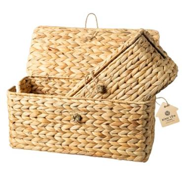 Imagem de BINH YEN HOME Caixa de gerenciamento de cabos de vime com tampa, conjunto de 2 caixas ocultas de cabos de jacinto de água tecidas à mão para TV, computador, roteador, hub USB para esconder cabos e