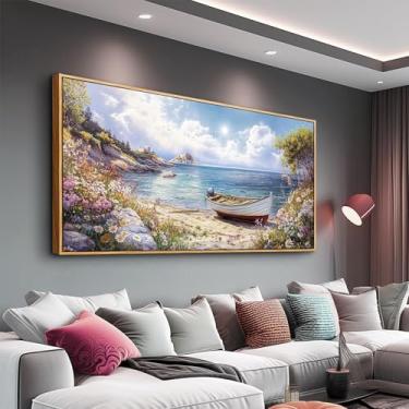 Imagem de QIYILEXWART Arte de parede em tela cultivada em madeira para sala de estar decoração de parede para quarto escritório decoração de parede O barco marítimo pintura de paisagem imagens de casa de