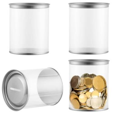 Imagem de Potes de troca para banco, pacotes com 4 frascos de plástico transparente, armazenamento de moedas com tampa ranhurada, frascos de banco servem para todos nós, para porquinhos de bancos, bilhetes de