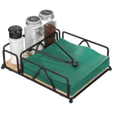 Imagem de Porta-lenços de papel preto liso, com base de madeira, suporte de guardanapo e braço pesado, dispensador rústico moderno armazenamento 7,1 × 9,4 × 2,7, mesas de jantar ideal para