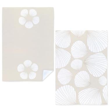 Imagem de Qnhij Toalhas de cozinha de praia neutras, toalhas de chá de praia costeiras para decoração de cozinha, toalhas de mão náuticas de concha branca bege para banheiro, decoração de banheiro com concha