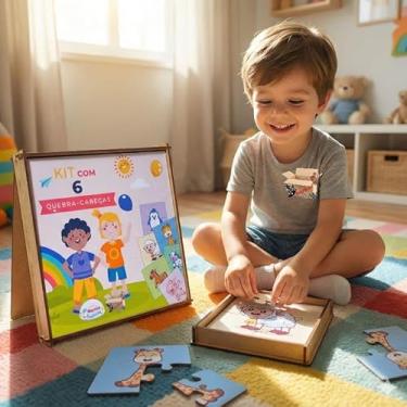 Imagem de Brinquedo Pedagógico Em Madeira Estojo Kit 6 Quebra Cabeças Infantil Com 4 Peças Cada (Estojo Fazendinha)
