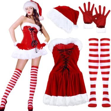 Imagem de Silicherry 4 Pcs Mrs. Santa Claus Sexy Costume, Christmas Women Santa Claus Dress Outfit with Santa Hat Striped Thigh High Stockings Gloves for Adult Women Girl Christmas Party Cosplay,Red, White