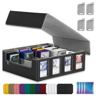Imagem de TINTEK 4-Row Trading Card Storage Box – Holds 3000+ Cards – Commander Display Slot, Magnetic Removable Lid, PU Leather Deck Box – Compatible with MTG Commander, TCG,(T2400Black&Gray)
