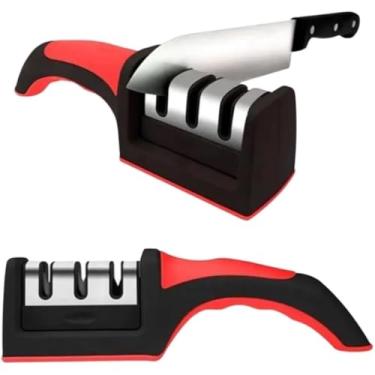 Imagem de Afiador de Facas Profissional e Tesouras 3 em 1 - Sistema com 3 Estágios (Grossa, Média e Fina) - Afiador de Cozinha com Base Antiderrapante e Cabo Ergonômico Vermelho/Preto